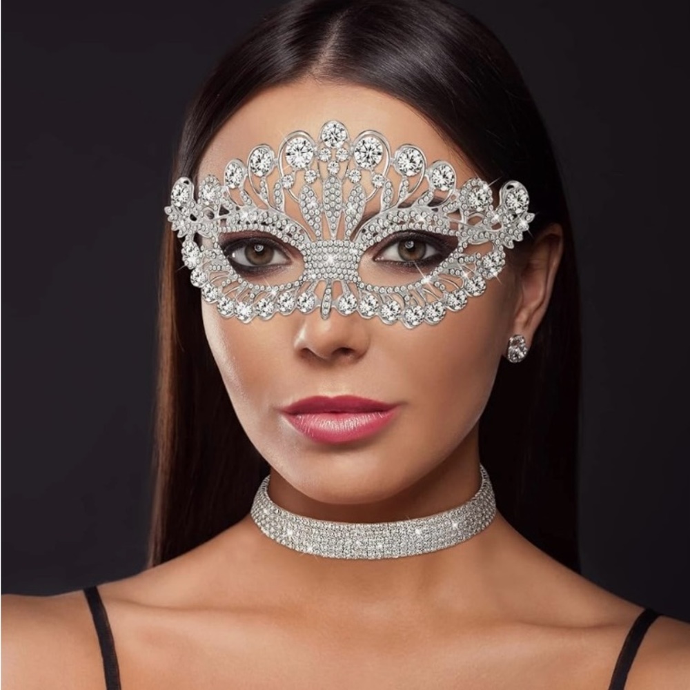 Rhinestone Masquerade Mask and Choker Necklace Costume Jewelry Set for Women